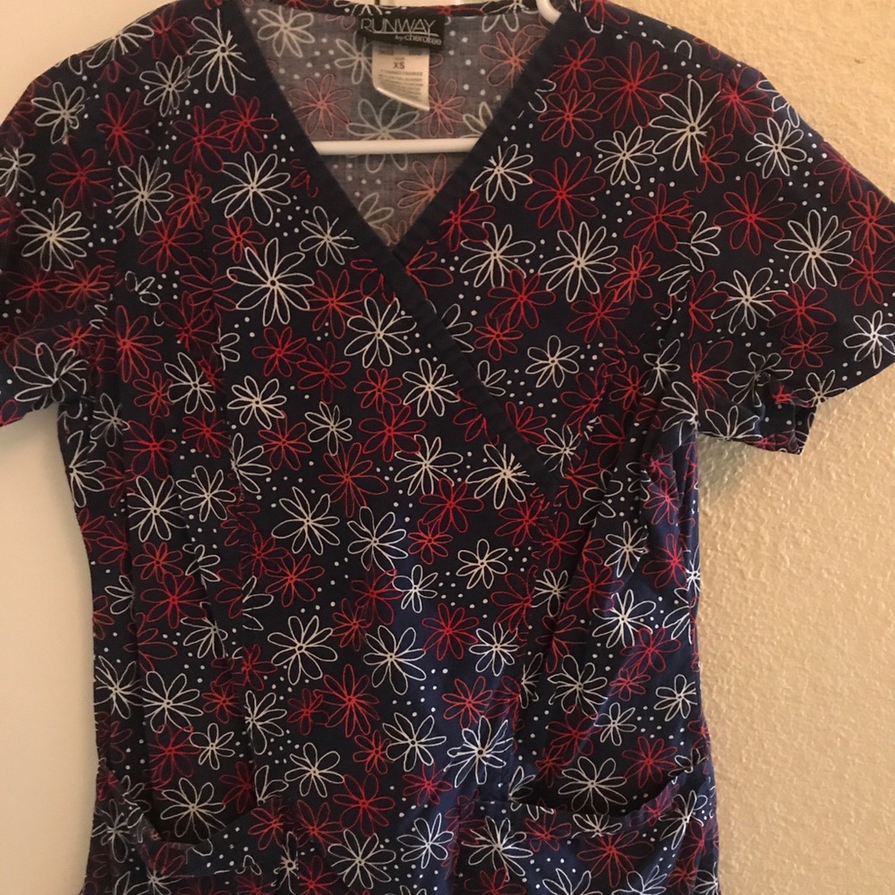 Blue Scrub Top with Red and White Flowers